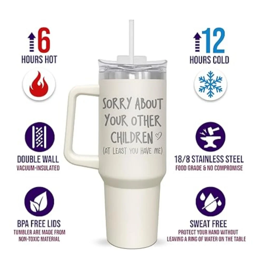 NIB 40oz Insulated Tumbler With Handle Drink Thru Straw or Sip Lid